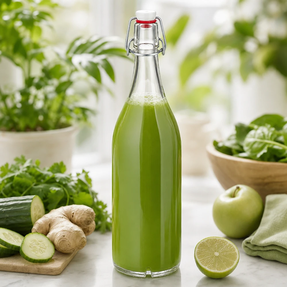 1000 ml glasflaske og hængelåg porcelæn UNiTWIST 1000 ml glasflaske med svingtop fyldt med grøn juice omgivet af friske ingredienser som agurk og ingefær.