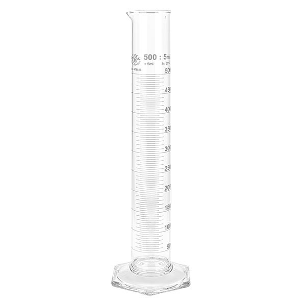 500 ml målecylinder HF af glas, hvid skala. HF = høj form. Skala af borosilikatglas med tud. Sekskantet base. ISO 4788. 500 ml målecylinder HF af glas, hvid skala. HF = høj form. Skala af borosilikatglas med tud. Sekskantet base. ISO 4788.
