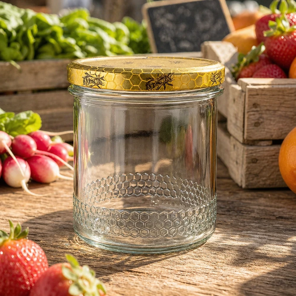 560 g honningglas med honningkagemønster-låg BasicSeal UNiTWIST 400 ml honningkrukke med BasicSeal honeycomb-låg, tom biavlerkrukke mellem friske jordbær og grøntsager