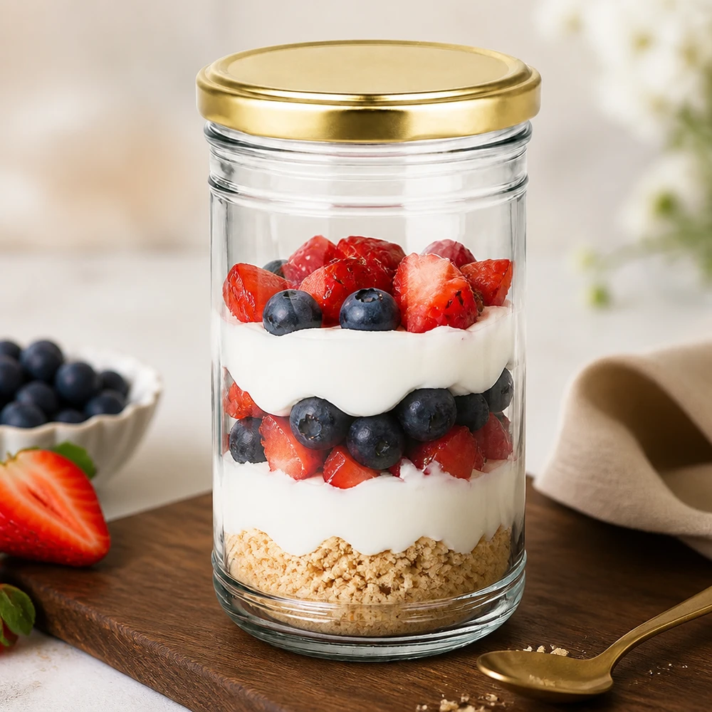 1053 ml Briller med BasicSeal-låg guld UNiTWIST Lagdelt dessert med bær og yoghurt i en 1053 ml glaskrukke med gyldent låg som en sund dessertidé