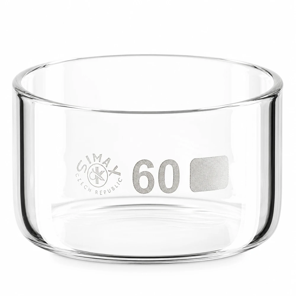 Krystalliseringsskål 60 ml uden tud Borosilikat Simax krystalliseringsskål 60 ml af borosilikatglas uden tud, cylindrisk form