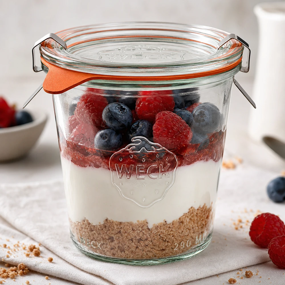 WECK-bægre 290 ml RR80 som dessertglas med yoghurt, bær og müsli i lag på en hvid overflade