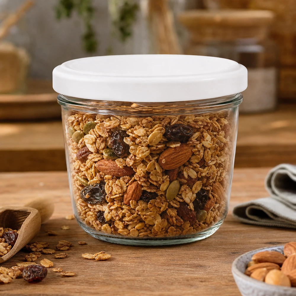 230 ml Briller med BasicSeal-låg hvid UNiTWIST 230 ml murerbalje med BasicSeal-låg fyldt med müsli og nødder - perfekt til opbevaring af tørfoder