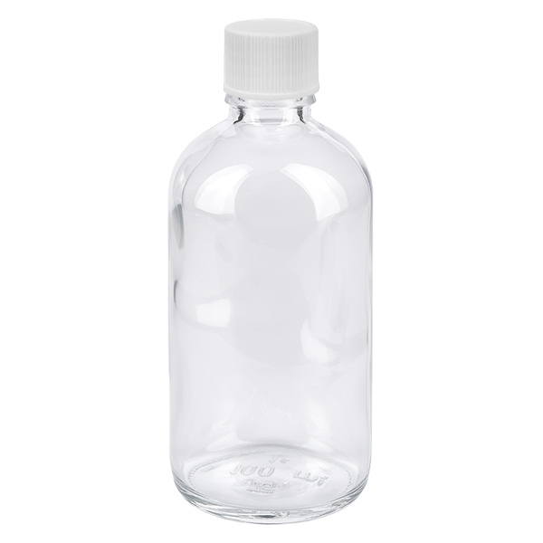 100 ml flaske 11 mm SV hvid STD ClearLine UT18/100 100 ml flaske af klart glas med hvid skruelåg, 11 mm, ClearLine-serien UT18