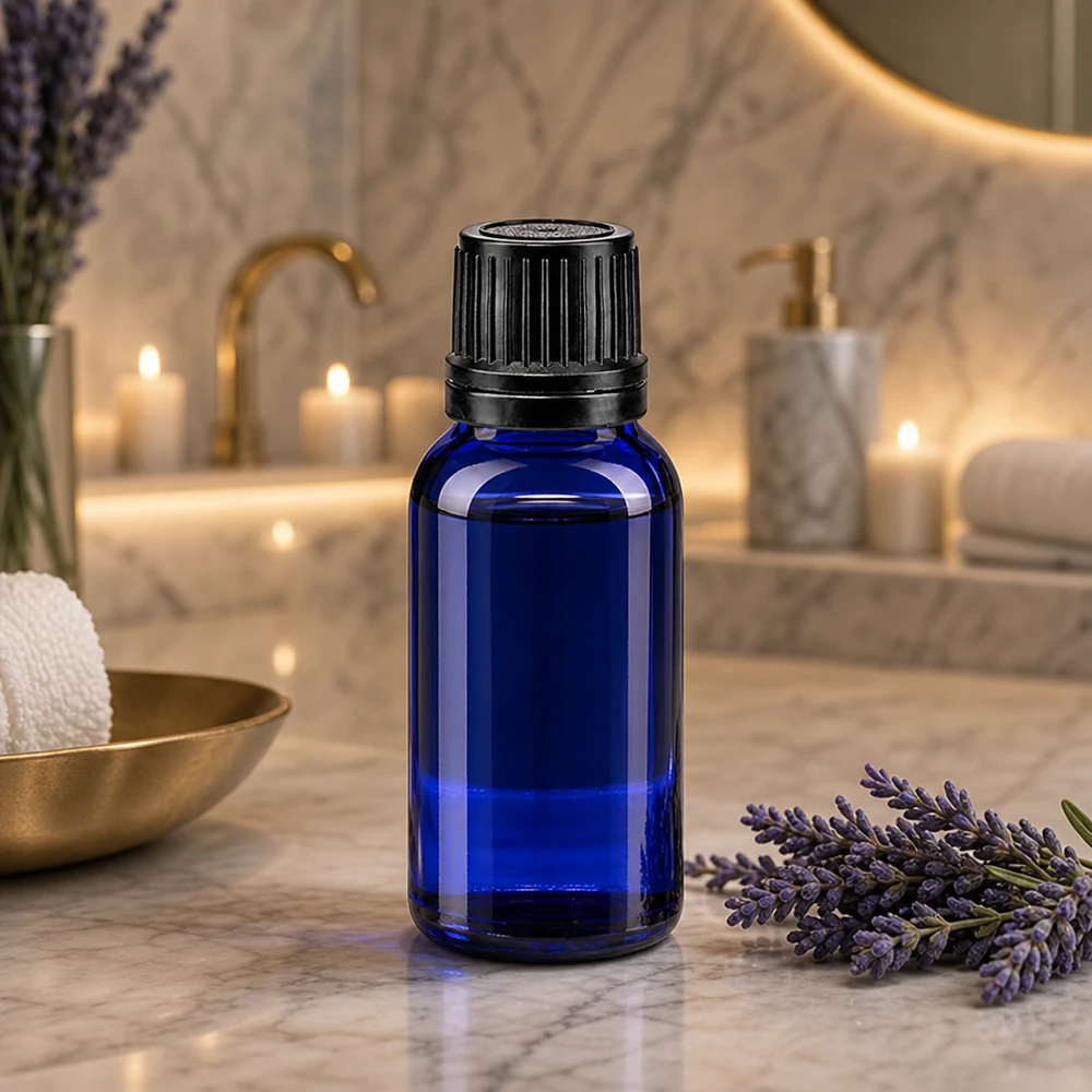 Apoteksflaske blå 10ml dryp v. Pr. 1mm sort OV Blå glasflaske på 10 ml med sort originalitetslukning på marmor ved siden af lavendelblomster