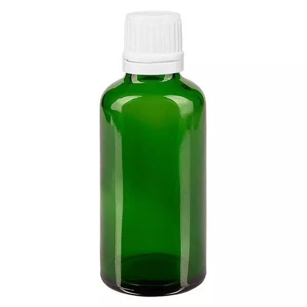 Apoteksflaske grøn 50ml dryp v. 1,2 mm hvid OV Apoteksflaske grøn 50ml dryp v. 1,2 mm hvid OV