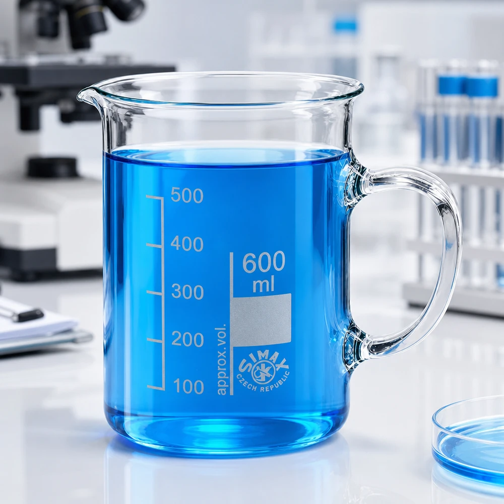Bæger 600 ml borosilikatglas, med håndtag Gennemsigtigt laboratoriebæger på 600 ml med hank, fyldt med blå væske i laboratoriet