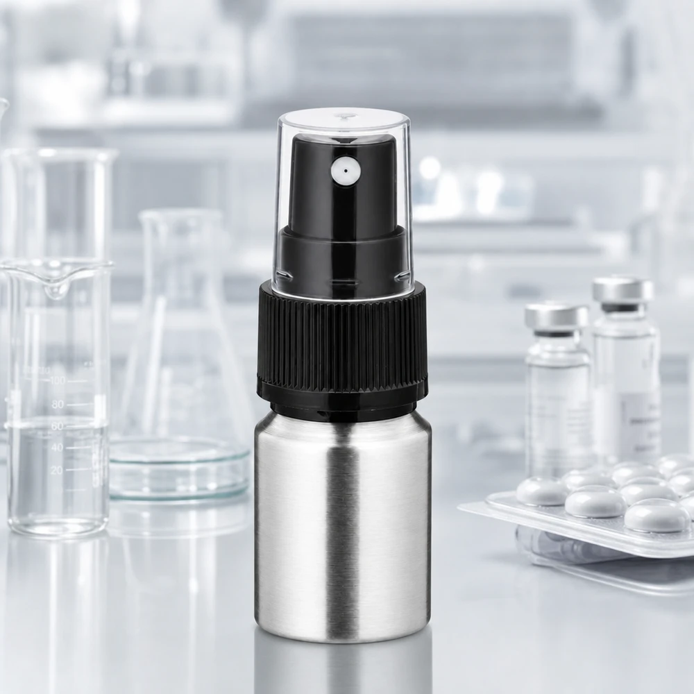 10 ml flaske i poleret aluminium med forstøver 10 ml aluminiumsflaske med gennemsigtigt sprayhoved - præcis dosering af parfume og æteriske olier