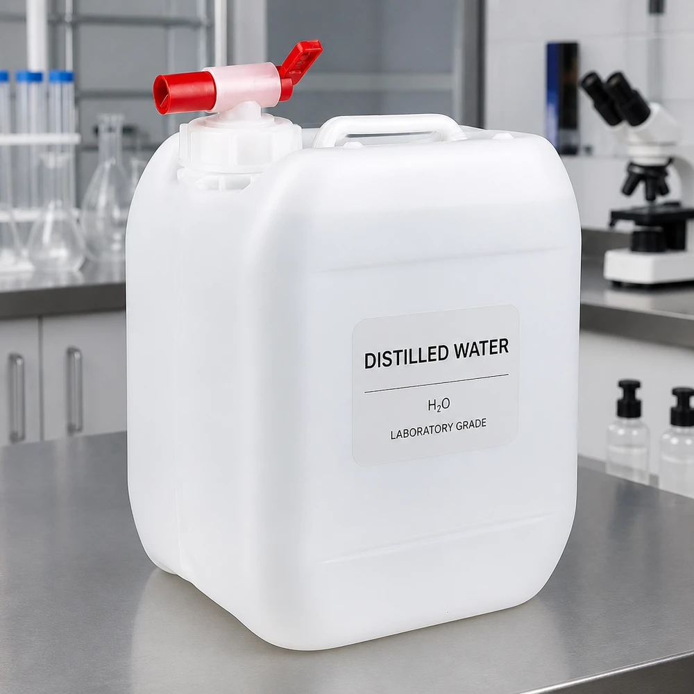 Beholder 5 liter med aftapningshane 5 liters laboratoriekanister med destilleret vand, mærket og med praktisk tappehane