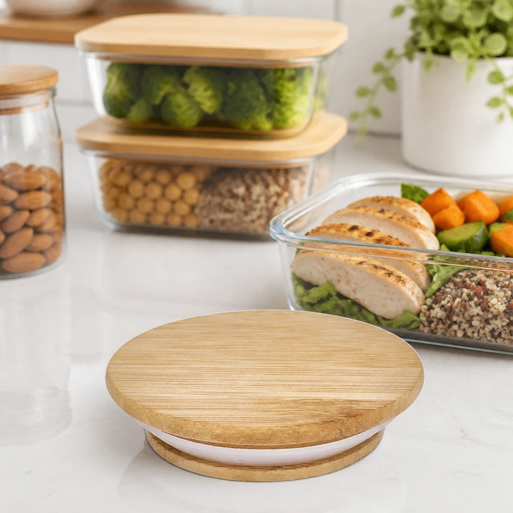 Trælåg RR60 til WECK-krukker i køkkenmiljø med meal prep-beholdere og sund mad