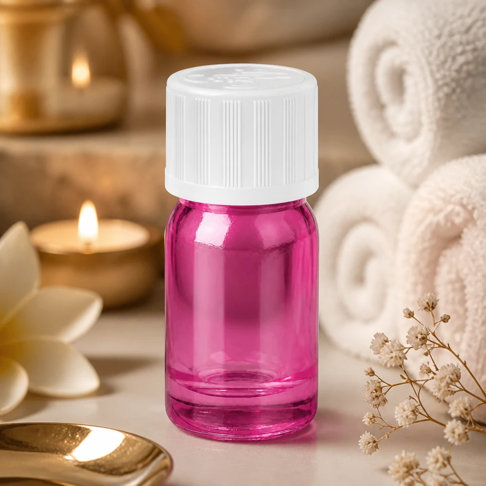 5 ml dråbeflaske 1,2 mm hvid standard børnesikret PurpleLine. UT18/5 5 ml glasflaske af høj kvalitet med dråbeindsats i elegant violet til aromaterapi og wellness
