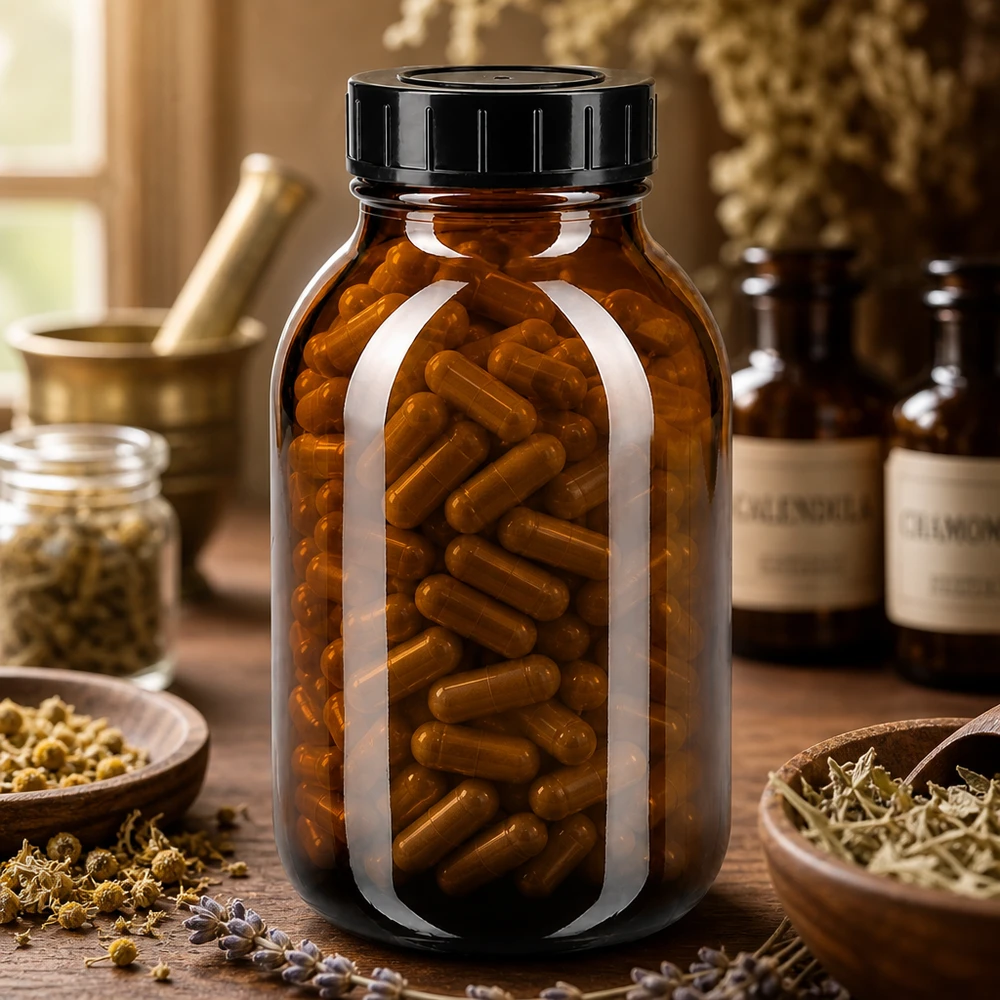 500 ml flaske med bred hals i ravfarvet glas med skruelåg Apotekerflaske 500 ml af UV-beskyttende ravfarvet glas med praktisk skruelåg