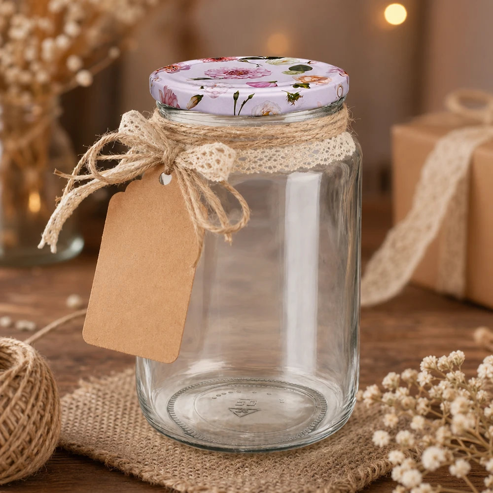 795 ml rund krukke + BasicSeal låg, lyserød UNiTWIST 795 ml rund krukke tom med BasicSeal-låg lyserøde blomster rustik dekoration jutesnor kraftpapir-tag gaveindpakning