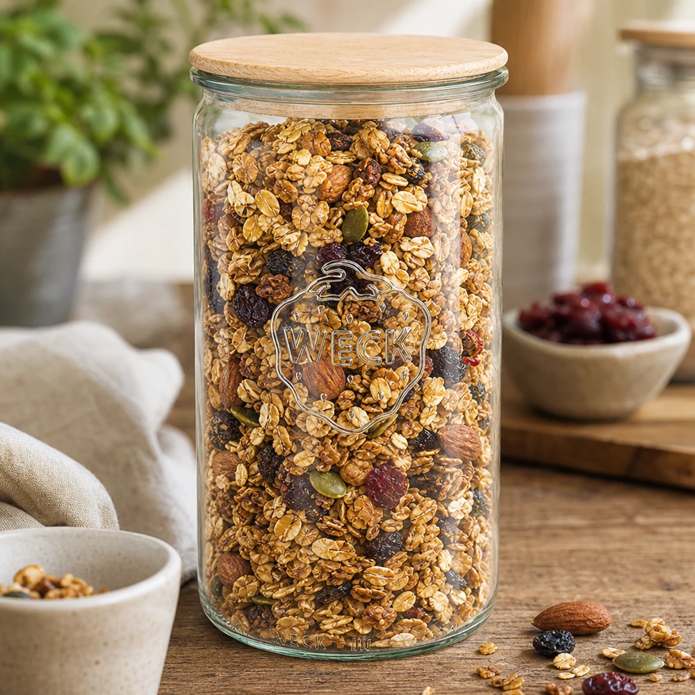 1590 ml cylinderglas WECK RR100 med trælåg WECK opbevaringskrukke 1590 ml RR100 fyldt med müsli og nødder som køkkenorganizer på et træbord