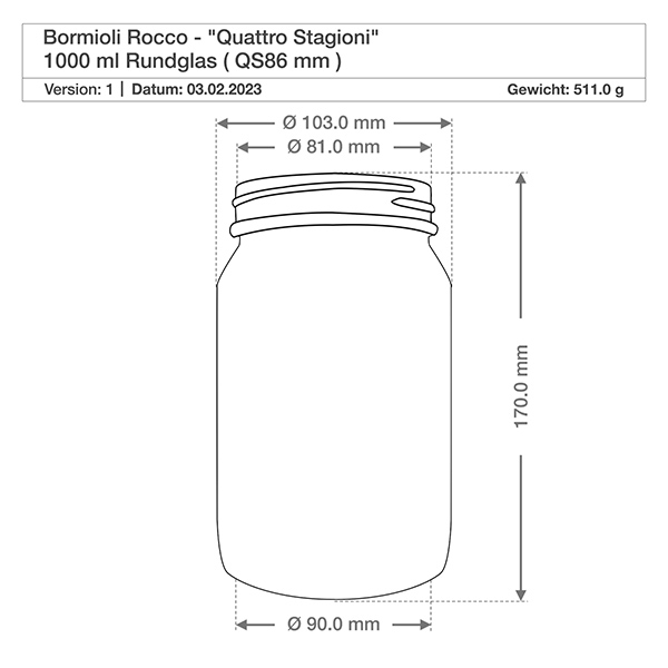 1000 ml rund krukke "Quattro Stagioni" med låg Teknisk tegning 1000ml Quattro Stagioni rundt glas med dimensioner diameter højde 170mm Bormioli Rocco specifikation