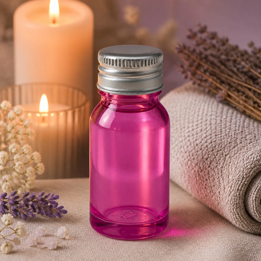 10ml flaske 11mm skruelåg aluminium-sølv standard PurpleLine.UT18/10 Lilla 10 ml glasflaske med 11 mm åbning og sølvfarvet aluminiumslåg til wellness og spa