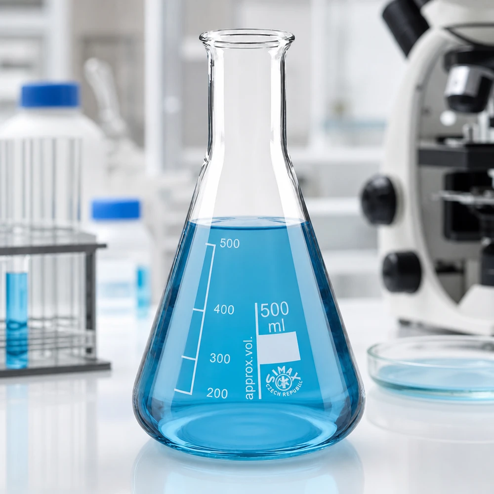 Erlenmeyer-kolbe 500 ml med smal hals Erlenmeyer-kolbe 500 ml med smal hals og blå opløsning i sterilt laboratoriemiljø til kemiske eksperimenter