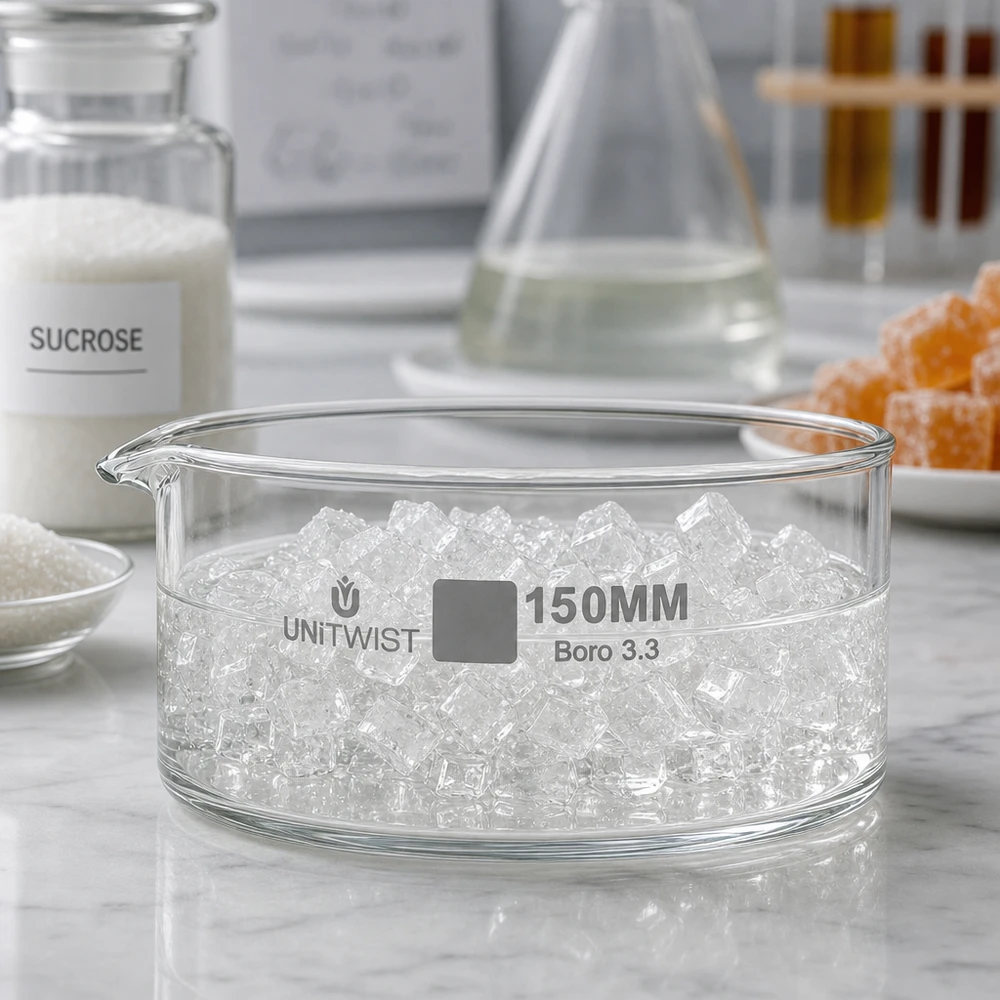 Krystalliseringsskål ø150mm borosilikatglas UNiTWIST Krystalliseringsskål, ø150 mm, UNiTWIST Boro 3.3, med sukkerkrystaller (saccharose), til laboratoriebrug