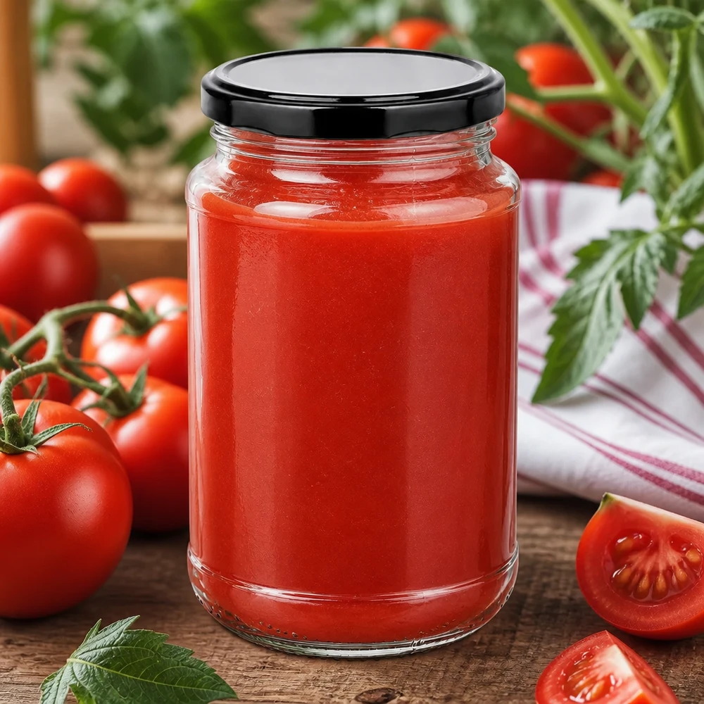 320 ml rundt glas + BasicSeal sort UNiTWIST 320 ml rundt UNiTWIST-glas med BasicSeal i sort, fyldt med rød tomatsauce og omgivet af friske tomater