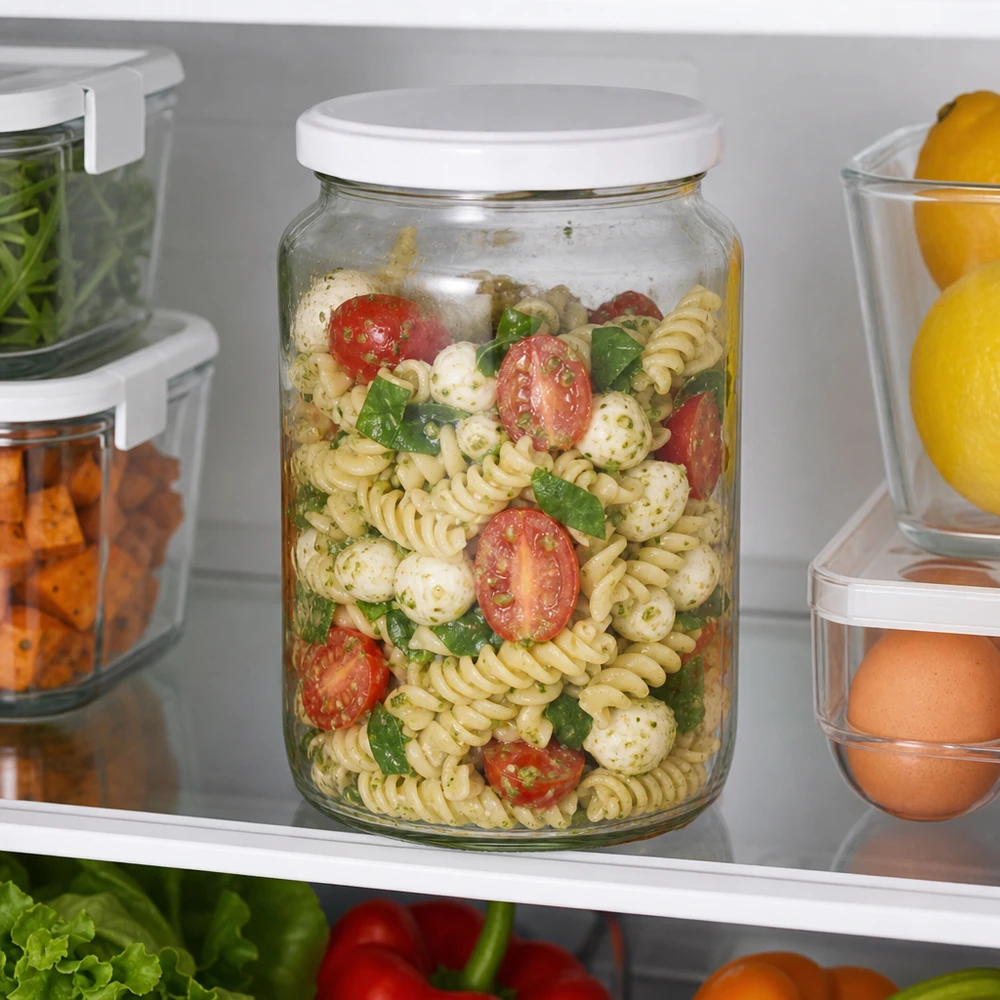 795 ml rund krukke med BasicSeal-låg hvid UNiTWIST 795 ml UNiTWIST rund krukke som måltidsforberedende beholder i køleskabet fyldt med pastasalat viser perfekt friskhed.