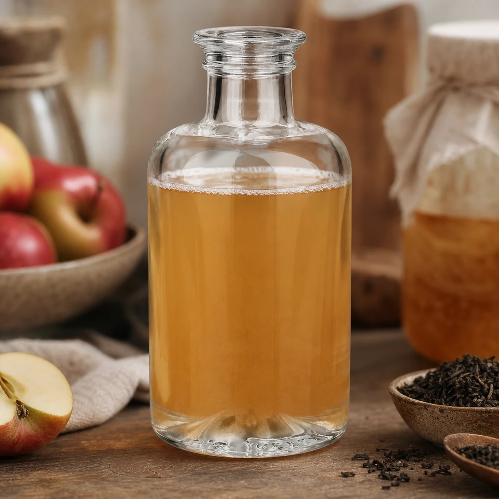 100 ml apoteksflaske »Sofia« uden lukning UNiTWIST® 100 ml Sofia-glasflaske fyldt med æblejuice ved siden af friske æbler og te-urter på et naturligt træbord