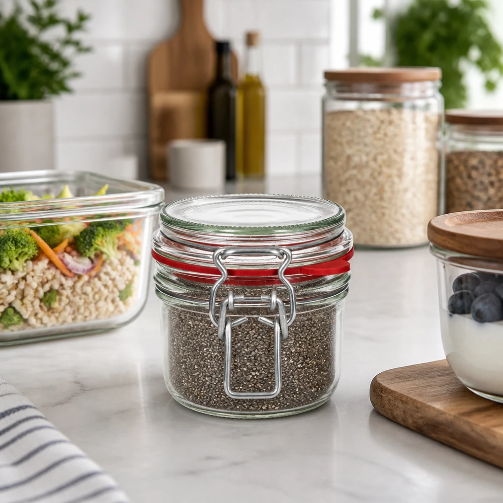 255 ml opbevaringsglas, type G, med bøjlelåg UN.. Stilvolle Küchenorganisation mit 255ml Vorratsglas Bügelverschluss für Gewürze und Trockenvorräte auf Marmortheke