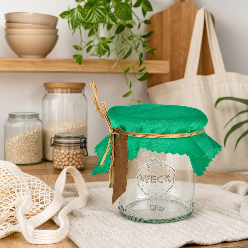 Stofdækkeserviet grøn 120x120mm firkantet Grøn dekorativ dækkeserviet 12 cm firkantet på WECK-krukke i bæredygtigt zero-waste-køkken med opbevaringsbeholdere og jutepose