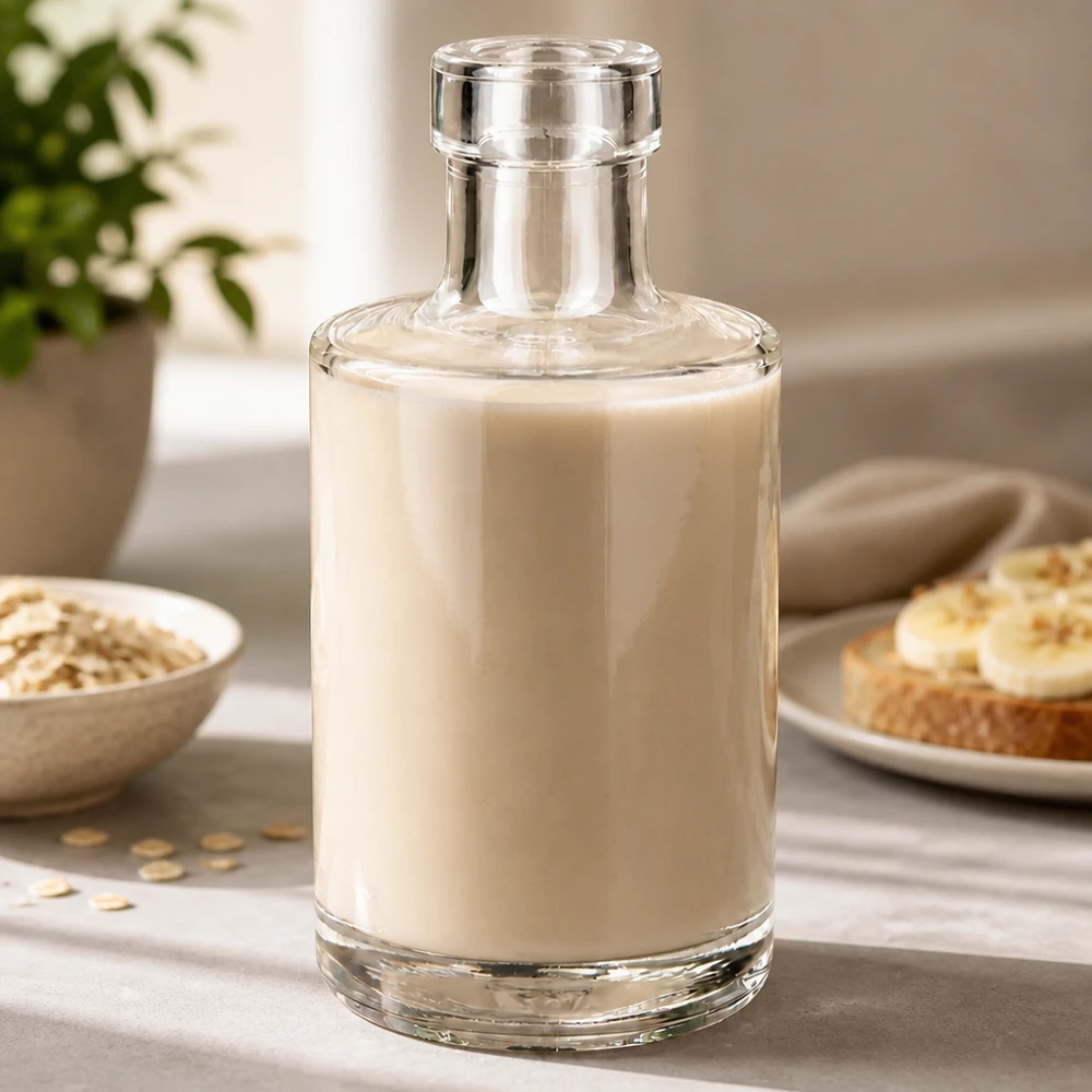 200 ml glasflaske »Marie« uden lukning UNiTWIST® Glasflaske Marie 200 ml fyldt med havremælk Livsstilskøkken med havreflager og brød Applikation