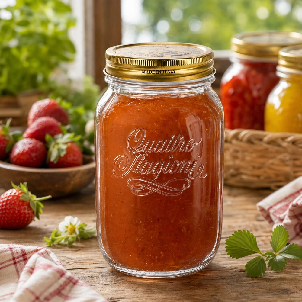 1000 ml rund krukke "Quattro Stagioni" med låg 1000 ml Quattro Stagioni-glas fyldt med hjemmelavet jordbærmarmelade på et rustikt træbord Italiensk syltekrukke