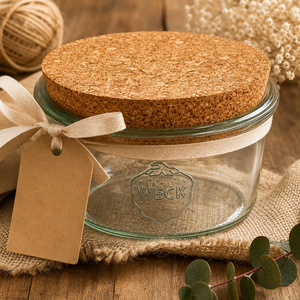 165 ml Briller WECK RR80 med kork natur WECK Sturzglas 165ml RR80 mit Korken im rustikalen Dekor mit Geschenkanhänger natürliche Aufbewahrung