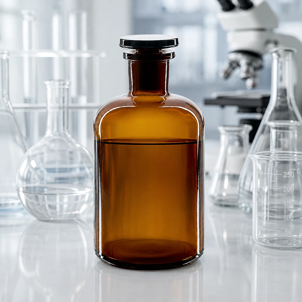 Rund skulderflaske 500 ml brun glasprop med smal hals Solbeskyttelsesflaske 500 ml, brun, med runde skuldre og smal hals, med glasprop, til brug i laboratoriemiljøet