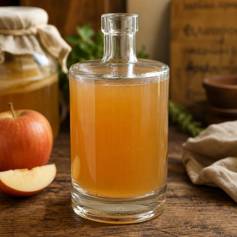 500 ml glasflaske »Marie« uden låg UNiTWIST® 500 ml glasflaske Marie fyldt med æblecider ved siden af friske æbler viser alsidig brug til hjemmelavet juice