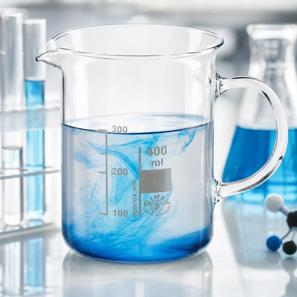 Bægerglas 400 ml borosilikatglas, med håndtag Becherglas 400 ml med hank; det blå farvestof opløses i vand; borosilikatglas; laboratorieudstyr