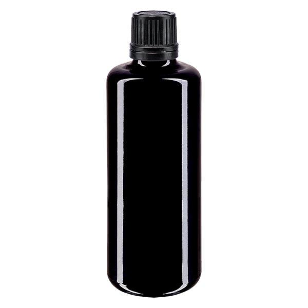 Apoteksflaske viol. 100ml skrue v. sort skænkeprop r. OV Apoteksflaske viol. 100ml skrue v. sort skænkeprop r. OV