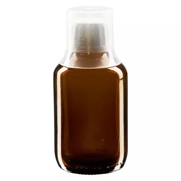 150 ml medicinflaske brun, hætte OV med doseringsbæger 30 ml ApoGlas. Farmaceutisk kvalitet fra EU-produktion. 28 mm (PP28) gevind. (sirup, let glasflaske)