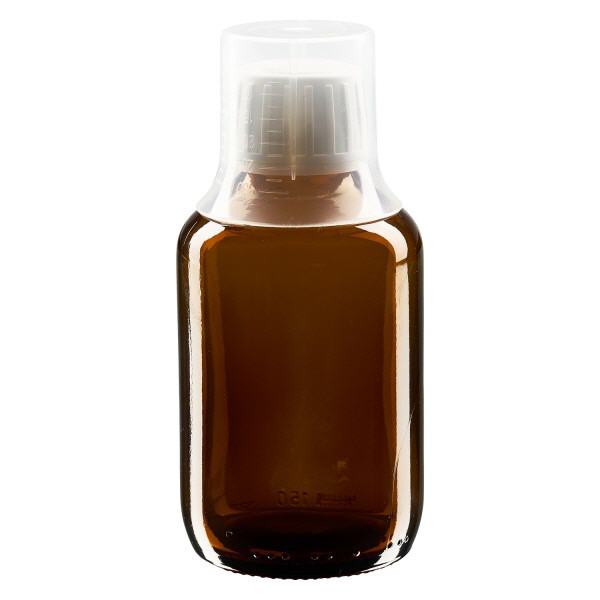 150 ml medicinflaske brun, hætte OV med doseringsbæger 30 ml ApoGlas. Farmaceutisk kvalitet fra EU-produktion. 28 mm (PP28) gevind. (sirup, let glasflaske)