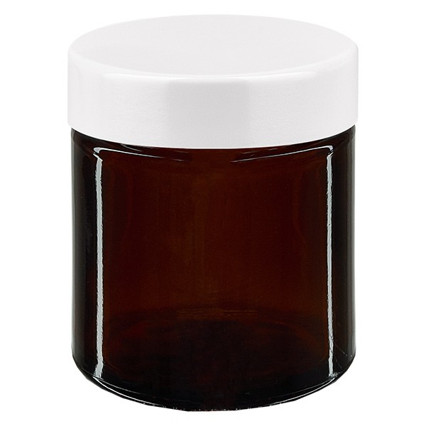 30 ml glaskrukke brun, med hvidt bakelitlåg ApoGlas. Farmaceutisk kvalitet fra EU-produktion. Fødevaresikker. Med UV-beskyttelse.