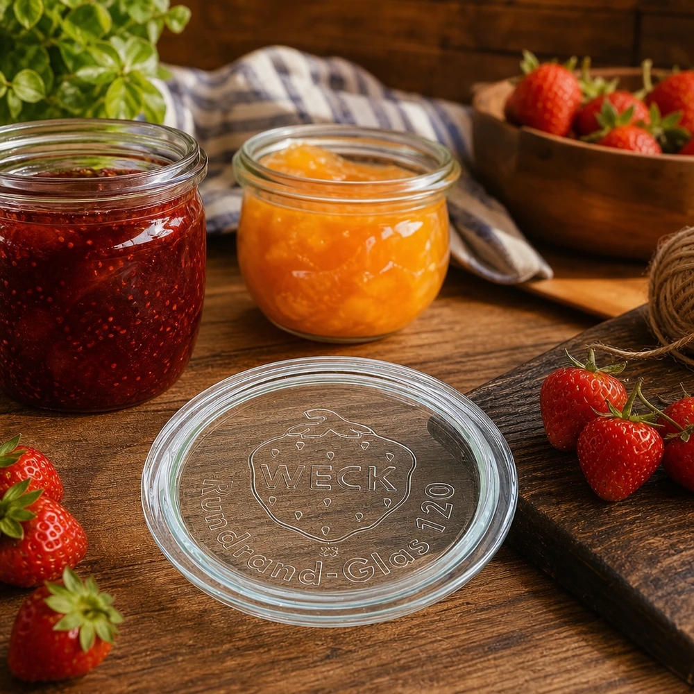 WECK glaslåg RR120 WECK Glasdeckel RR120 für stilvolle Marmeladengläser und Konservierung von Obst in rustikaler Küche mit Erdbeeren