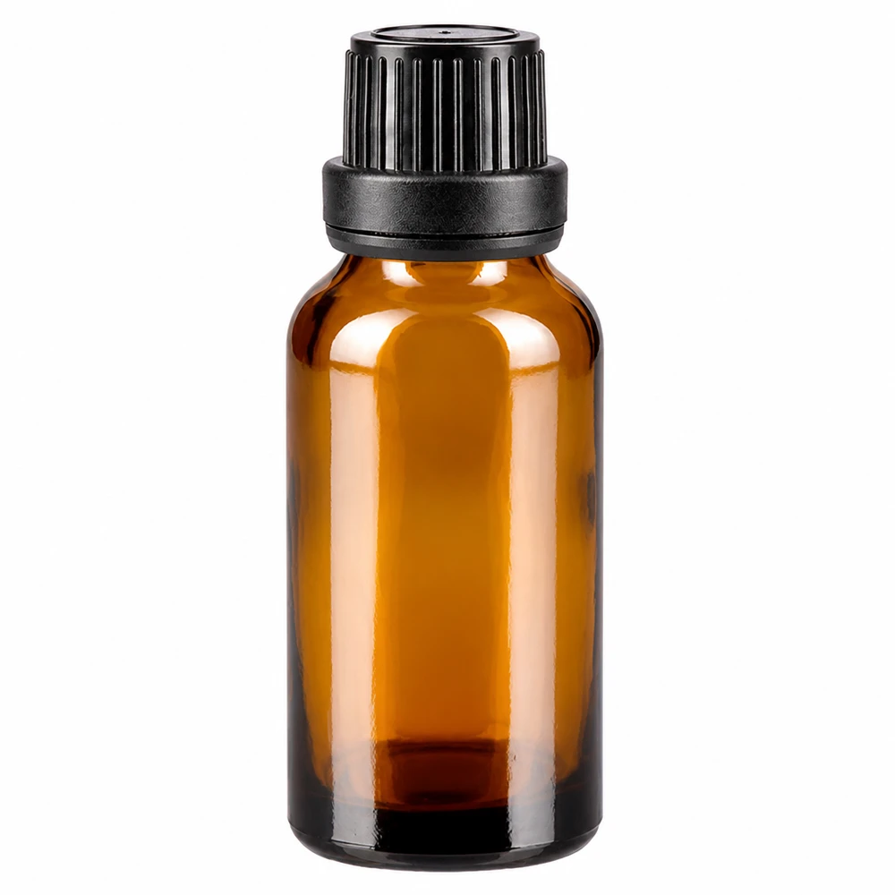Apoteksflaske brun 20ml dryp v. Pr. 2mm sort OV 20 ml brun glasflaske med sort originalprop og 2 mm dråbeindsats af apoteksglas