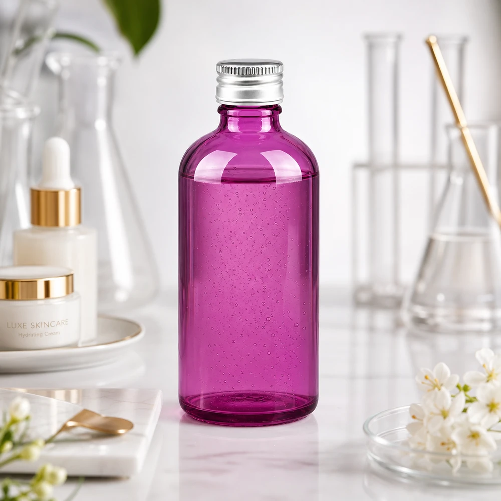 100 ml flaske. 11 mm skruelåg aluminium-sølv standard PurpleLine. UT18/100 Kompakt 100 ml glasflaske i intens violet, ideel til hudplejeprodukter og essenser