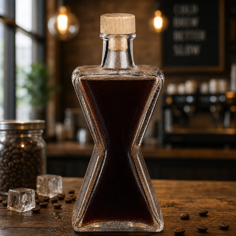 200 ml glasflaske »Star« med træhåndtag og prop UNiTWIST® 200ml Glasflasche Star mit Kaffeelikör befüllt - Holzkorken UNiTWIST in stilvoller Café-Atmosphäre mit Kaffeebohnen