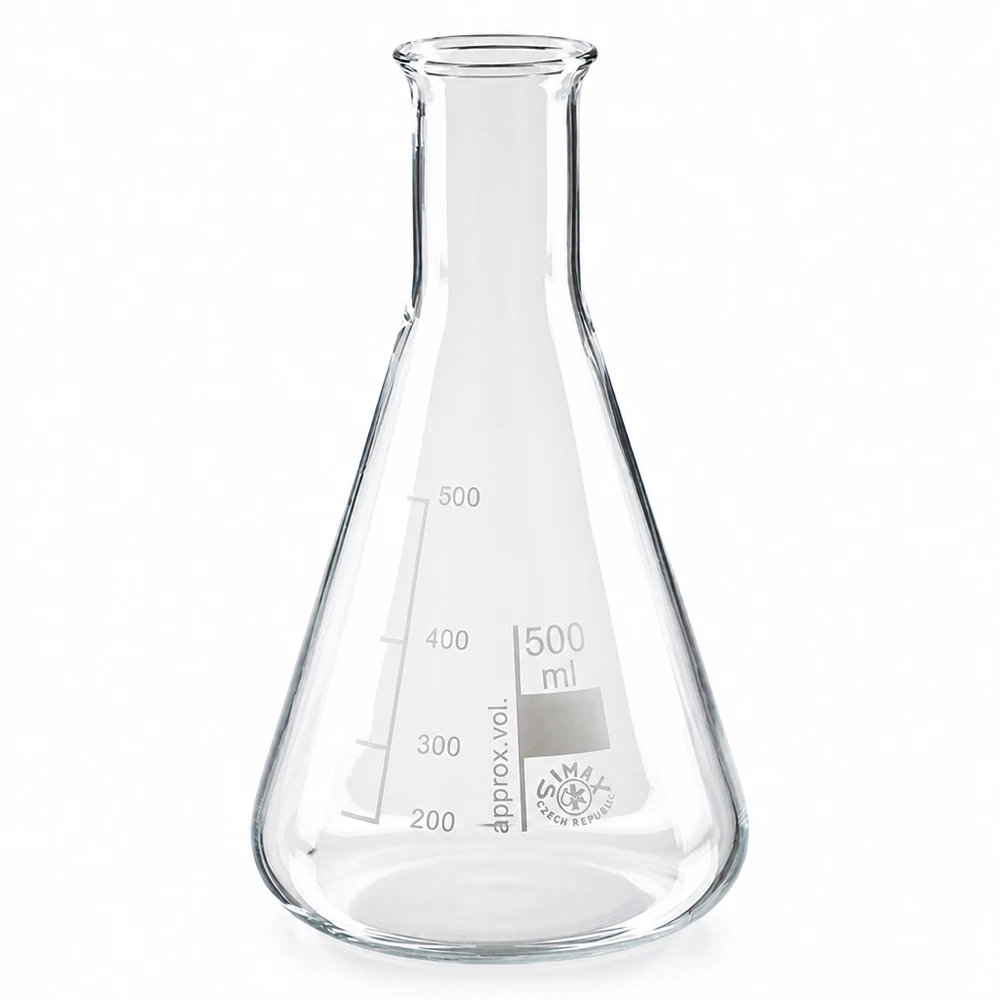 Erlenmeyer-kolbe 500 ml med smal hals Erlenmeyer-kolbe 500 ml med smal hals af borosilikatglas til laboratoriebrug