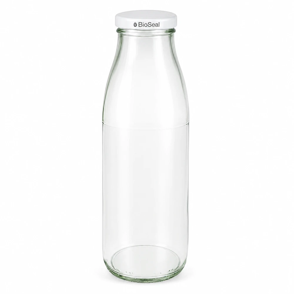 500 ml glasflaske + BioSeal-låg hvid UNiTWIST. Absolut lækagesikker med stort TO48-låg. Til mælk, juice og limonade. 500 ml glasflaske med hvidt BioSeal-låg, transparent, UN-certificeret, mælkeflaske til mad og drikke