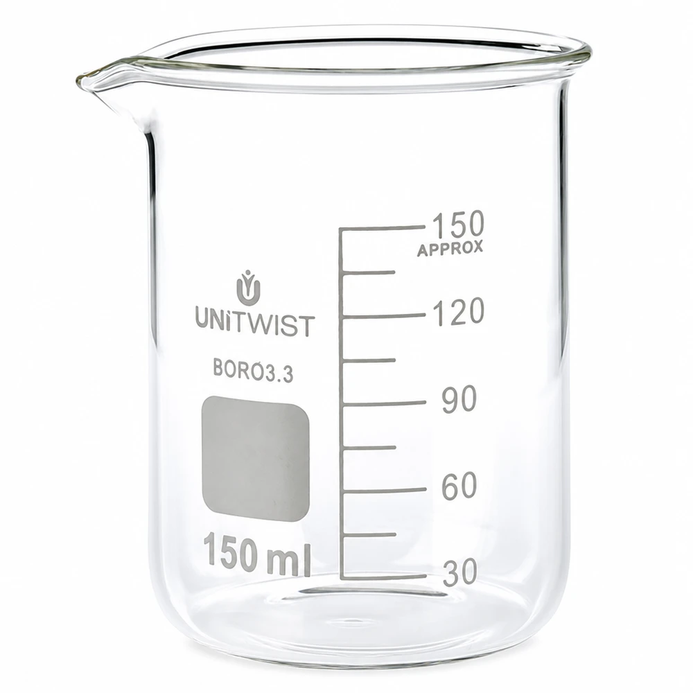 Bæger 150 ml borosilikat, lav form UNiTwist Becherglas 150 ml, borosilikatglas, lav form, UNiTwist, gennemsigtigt, med skala op til 150 ml