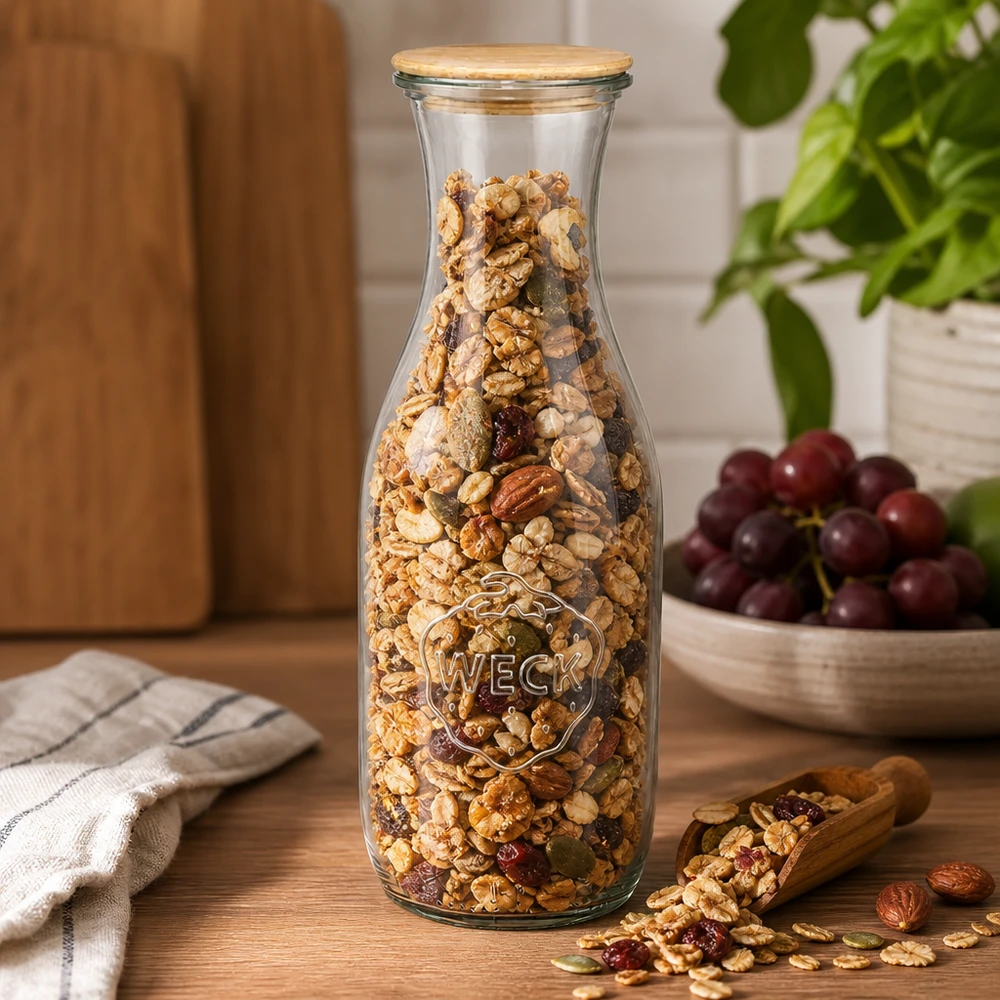 1062 ml juiceflaske WECK RR60 med trælåg WECK juiceflaske 1062 ml med trælåg fyldt med müsli og nødder på træbord ved siden af vindruer og skovl