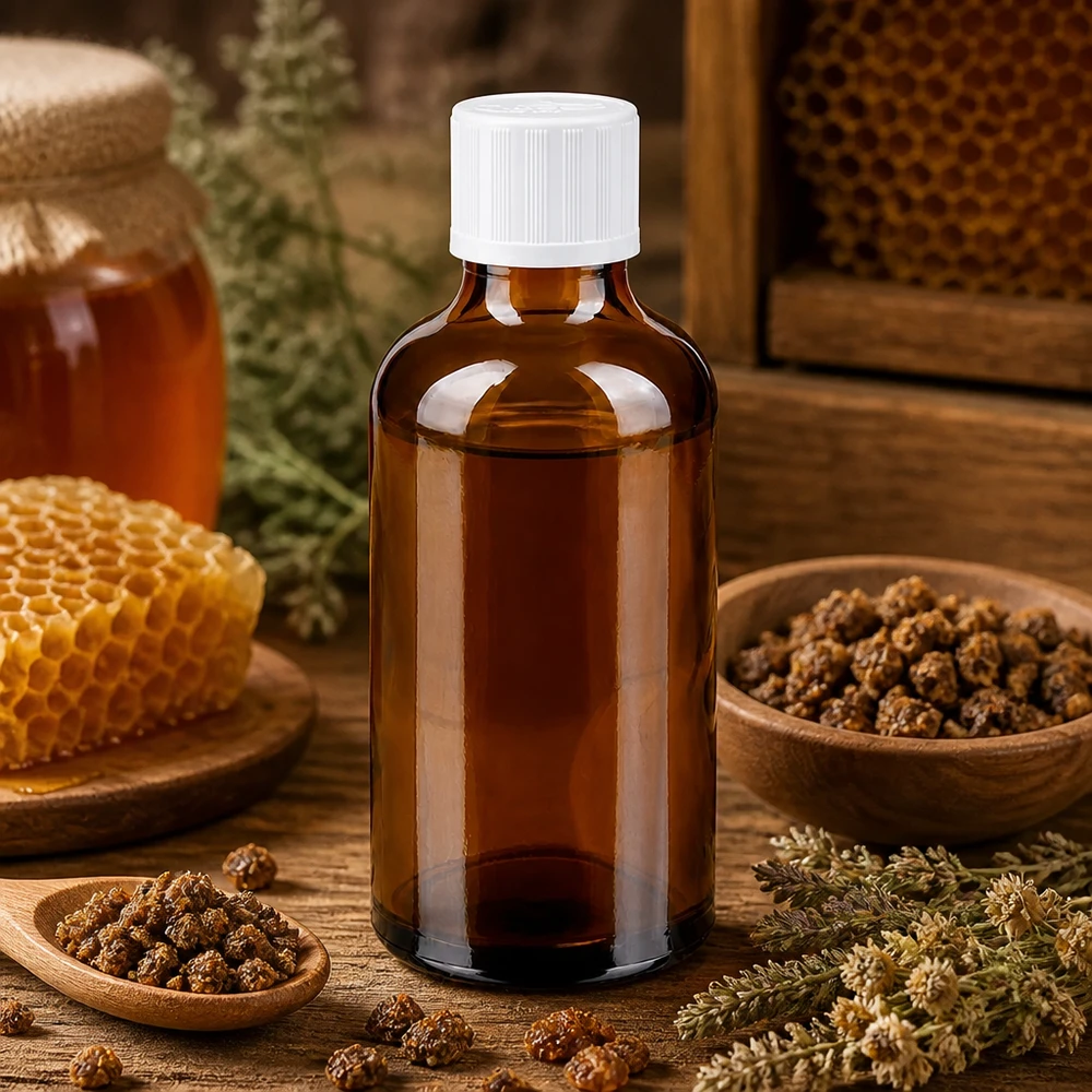 50 ml apotekerflaske af brunt glas med hvid børnesikring mellem honningkager og propolis