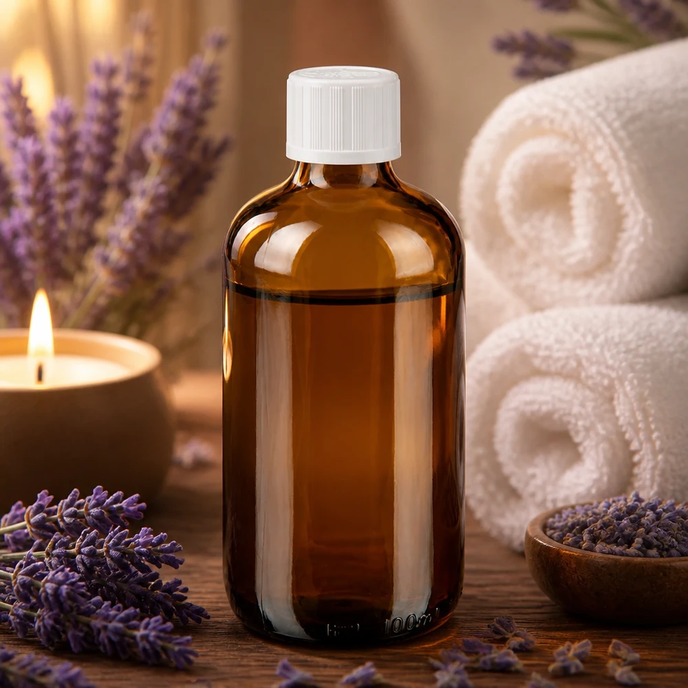 Apoteksflaske brun 100ml dråbetæller hvid KiSi St Brun 100 ml glasflaske med hvid skruelåg mellem lavendelblomster og et stearinlys