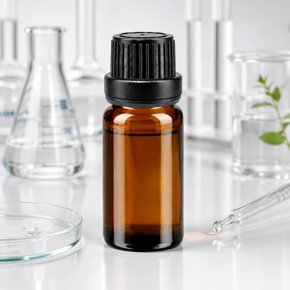 Apoteksflaske brun 10ml dryp v. Pr. 2mm sort OV 10 ml brun dråbeflaske med 2 mm dråbeindsats og sort OV-lukning i laboratoriemiljøet