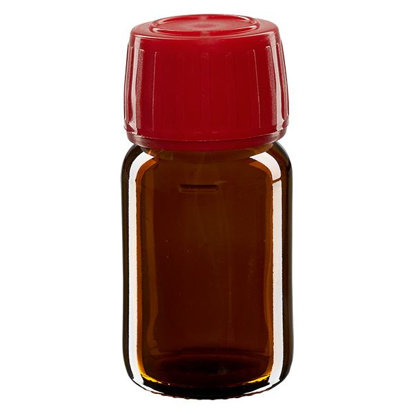 30 ml medicinflaske brun, rød hætte med tyverisikring ApoGlas. Farmaceutisk kvalitet fra EU-produktion. 28 mm (PP28) gevind. (sirup, lys glasflaske) 30 ml medicinflaske brun, rød hætte med tyverisikring ApoGlas. Farmaceutisk kvalitet fra EU-produktion. 28 mm (PP28) gevind. (sirup, lys glasflaske)