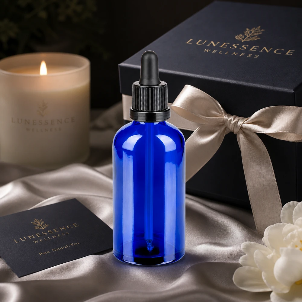 100 ml pipetteflaske sort OV BlueLine UT18/100 Elegant blå glasflaske 100 ml med sort pipette til wellness- og hudplejeprodukter